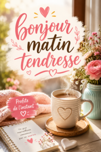 Une tasse de thé chaud sur une table du matin, baignée de lumière douce, évoquant la tendresse.