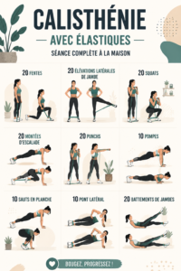 Femme en train de faire des exercices de callisthénie avec des élastiques à la maison.