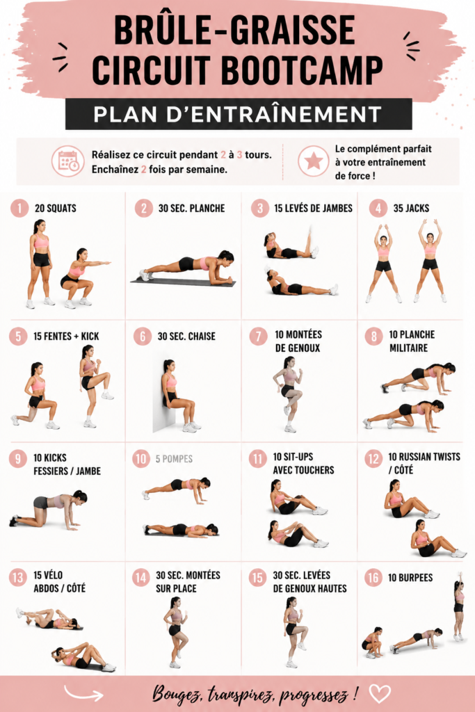 Femme faisant un entraînement en circuit pour brûler les graisses, avec des exercices variés et dynamiques.