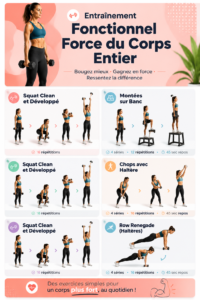Femme d'une trentaine d'années effectuant des exercices de force dans un salon.