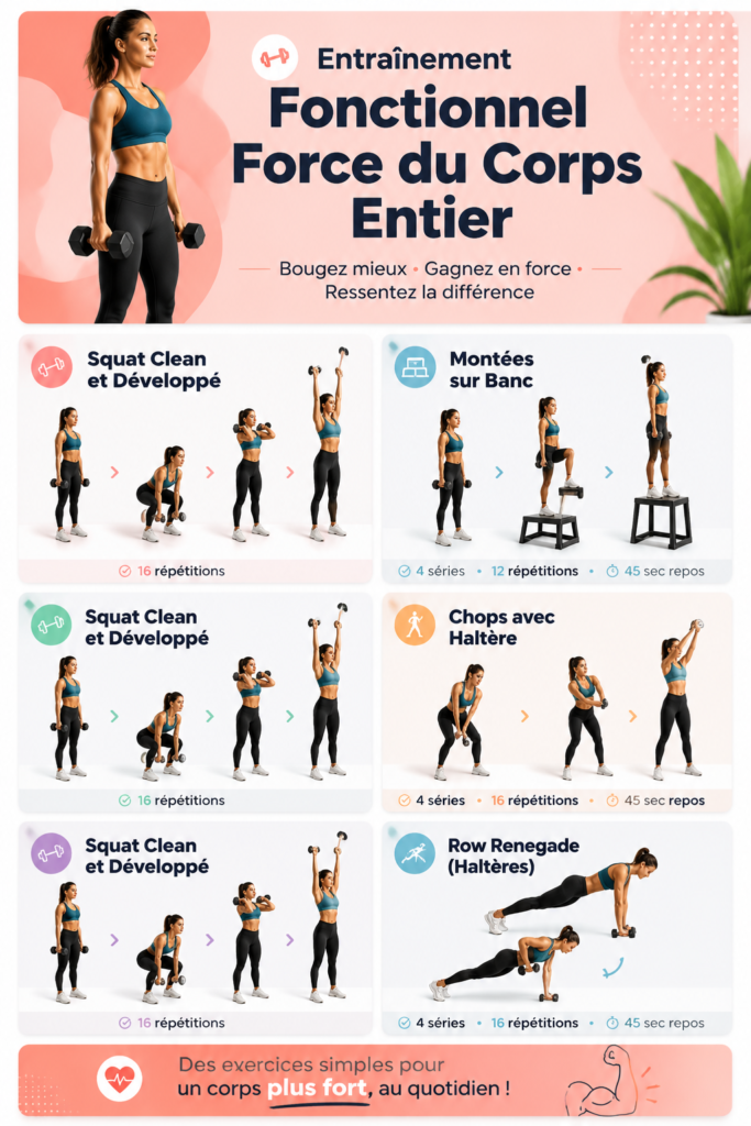 Femme d'une trentaine d'années effectuant des exercices de force dans un salon.