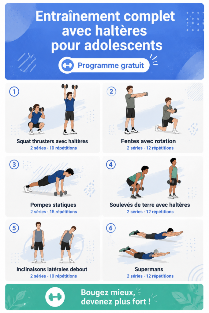 Une adolescente effectuant un exercice de musculation avec des haltères dans un salon