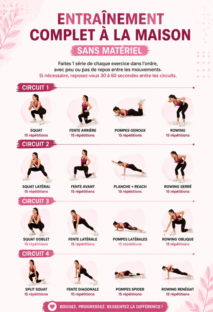 Femme en train de faire des exercices de fitness à la maison sans équipement.