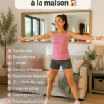 Une femme en pleine séance d'entraînement à la maison, souriante et motivée.