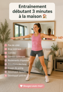 Une femme en pleine séance d'entraînement à la maison, souriante et motivée.