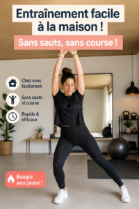 Femme réalisant des exercices de fitness à la maison sans saut ni course.