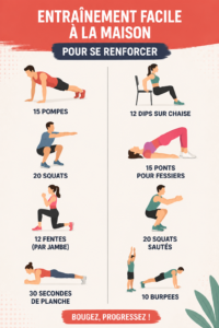 Femme réalisant des exercices de renforcement musculaire à domicile