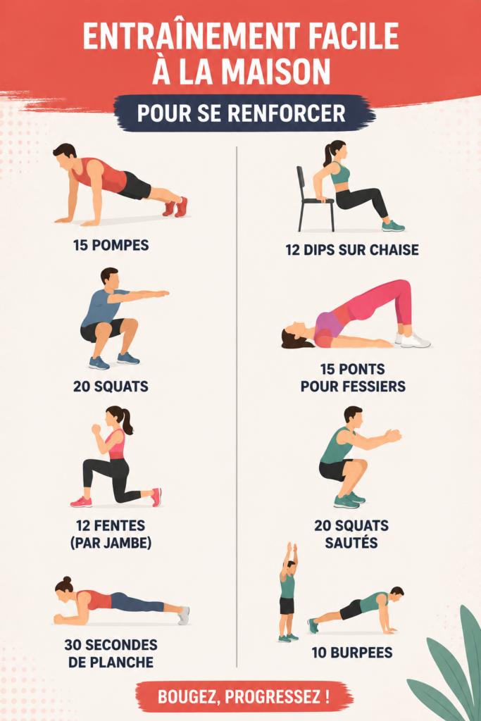 Femme réalisant des exercices de renforcement musculaire à domicile