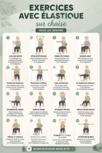 Exercices à la chaise avec bandes élastiques pour seniors. Mobilité et douceur.