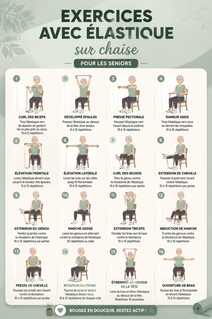 Exercices à la chaise avec bandes élastiques pour seniors. Mobilité et douceur.