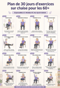 Femme senior heureuse faisant des exercices de chaise pour améliorer son équilibre