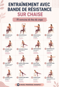 Femme pratiquant des exercices assis avec un élastique sur chaise.