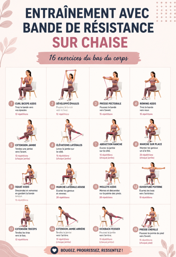 Femme pratiquant des exercices assis avec un élastique sur chaise.