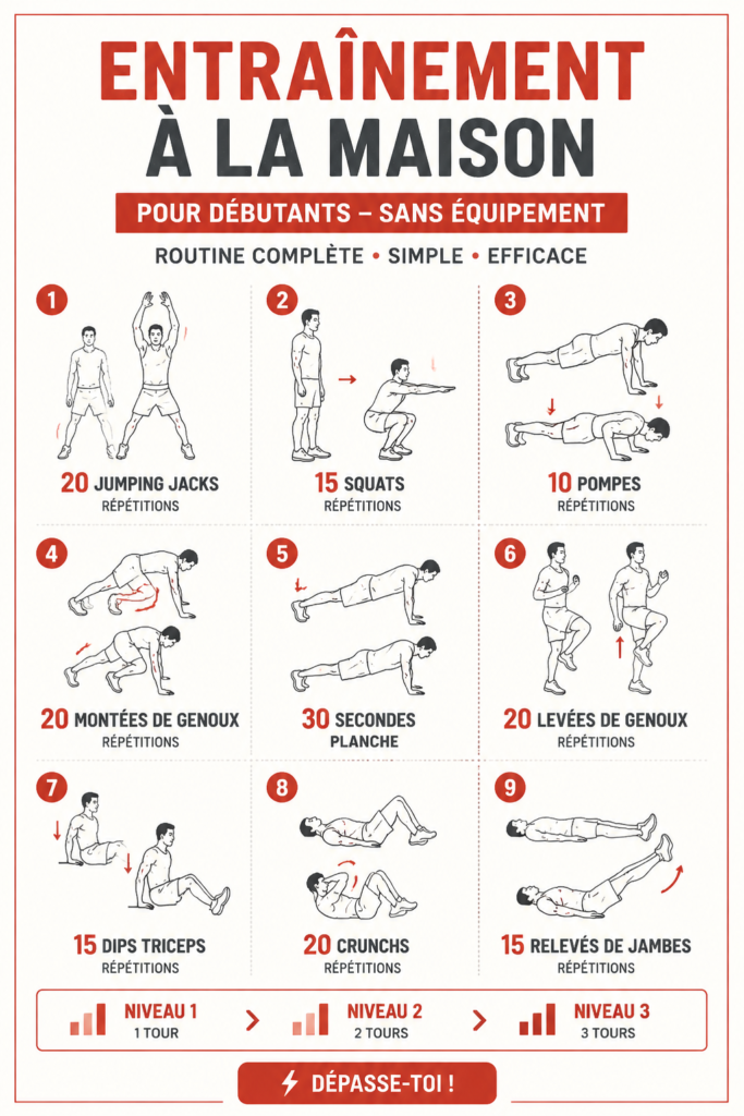 Femme faisant des exercices de fitness dans son salon, sans équipement.