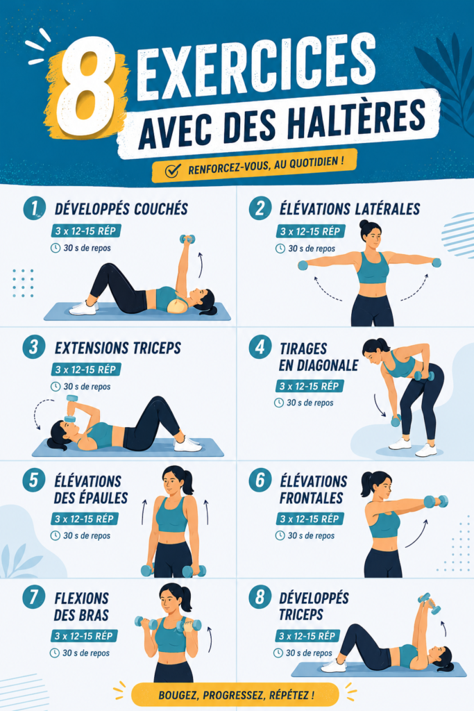 Femme utilisant des haltères pour s'entraîner à la maison