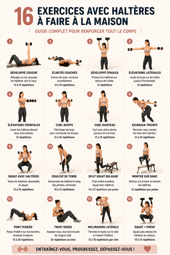 Femme faisant des exercices de musculation avec des haltères à domicile