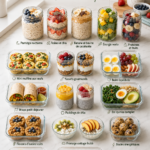 Un assortiment de petits déjeuners sains prêts à être dégustés, comprenant des smoothies et des bowls colorés.