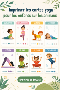 Infographie montrant des cartes de yoga pour enfants sur le thème des animaux.