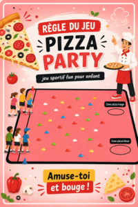 Enfants jouant au jeu Pizza Party dans un parc en plein air.