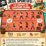Illustration montrant le Capitaine Plume jouant à des jeux sportifs avec des enfants.
