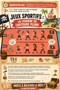 Illustration montrant le Capitaine Plume jouant à des jeux sportifs avec des enfants.