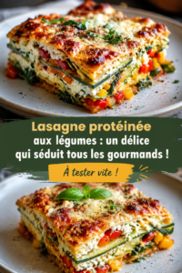 Lasagne aux légumes et protéines servie dans un plat, colorée et appétissante.