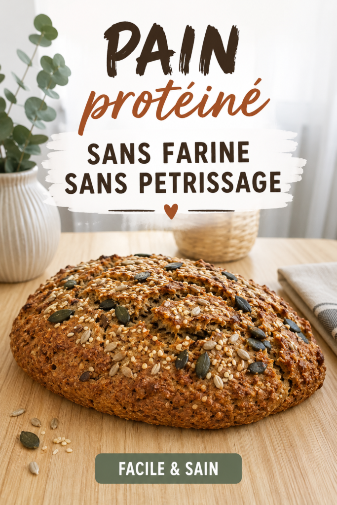 Pain protéiné fait maison sans farine ni pétrissage, posé sur une planche en bois.