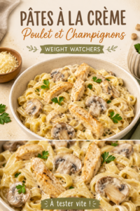 Assiette de pâtes crémeuses avec poulet et champignons, garnie de persil frais.