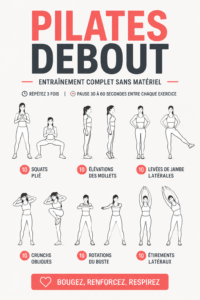 Femme pratiquant des exercices de Pilates debout dans un environnement cosy.