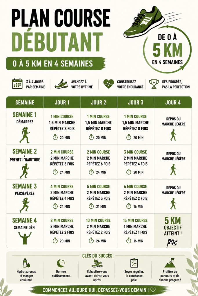 Femme courant avec un sourire lors de son entraînement en extérieur, représentant le début d'un plan de course.