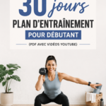 Une femme débutante s'entraînant à domicile avec un plan d'entraînement sur 30 jours.