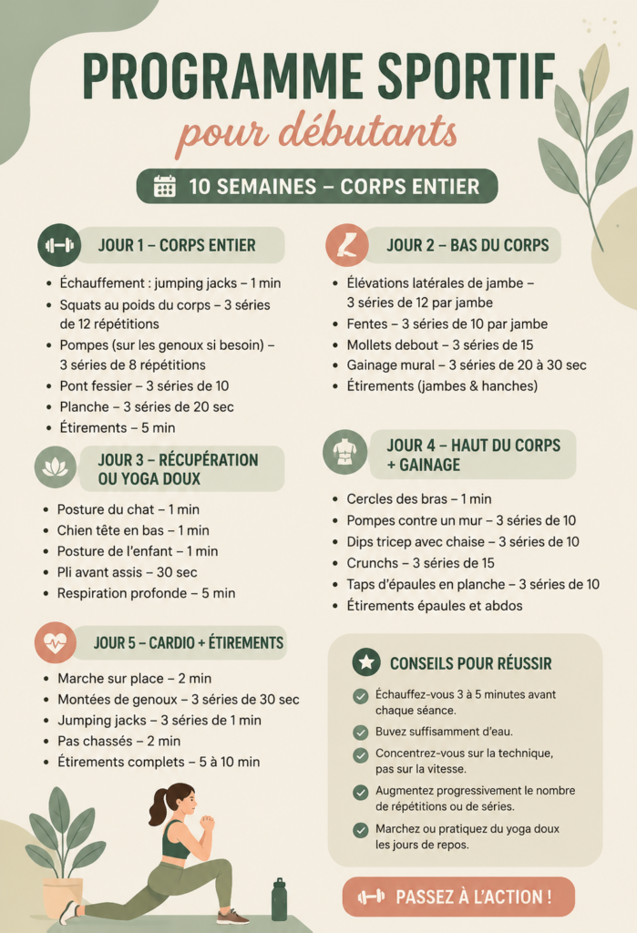Femme faisant du sport à domicile avec un programme d'entraînement pour débutants.