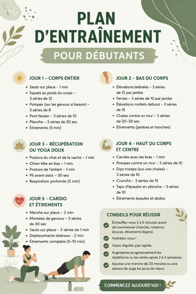 Plan d'entraînement pour débutants sur un fond chaleureux avec des équipements de sport