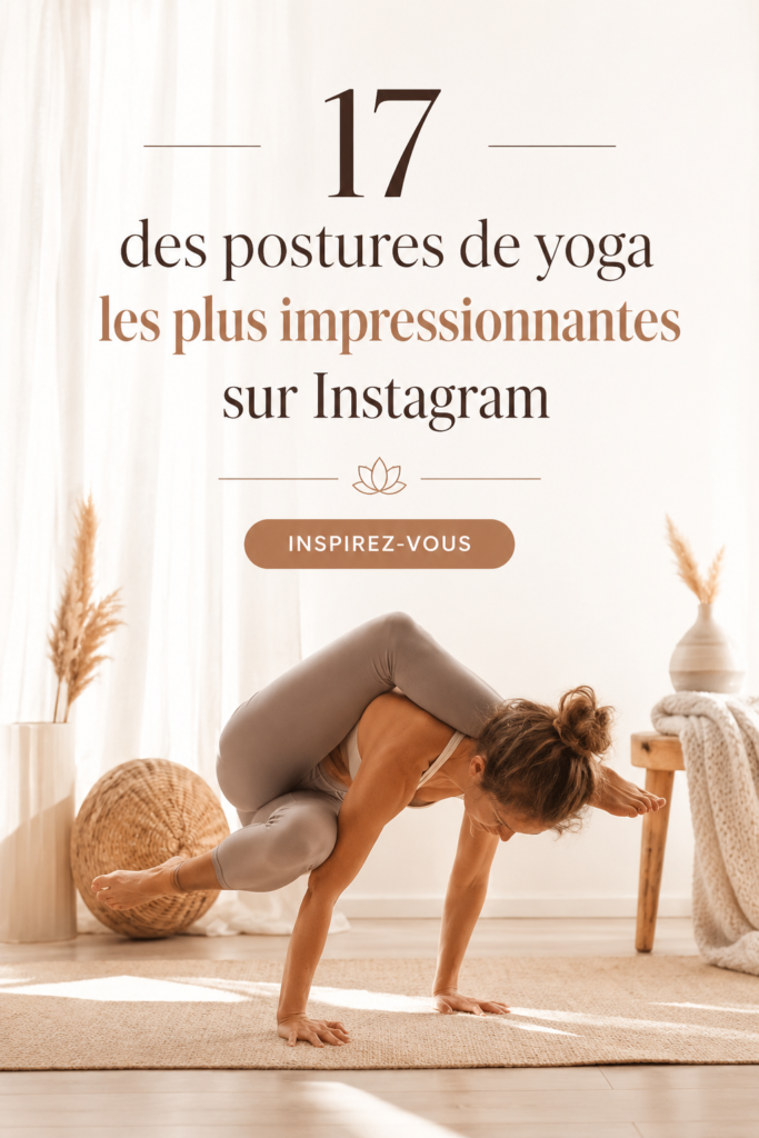 Femme pratiquant une pose de yoga impressionnante sur un fond naturel.