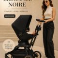 Poussette Orbit Baby G5 en noir luxe avec un enfant à l'intérieur, illustrant style et confort.