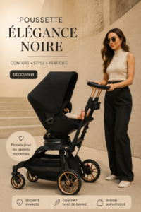 Poussette Orbit Baby G5 en noir luxe avec un enfant à l'intérieur, illustrant style et confort.