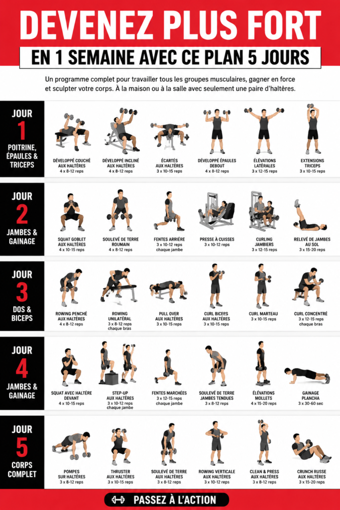Femme réalisant un exercice avec haltères pour un programme de fitness.