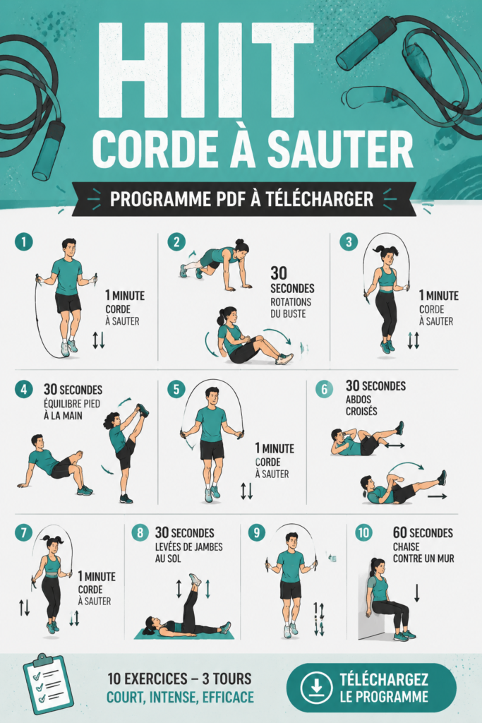 Femme en train de réaliser un entraînement HIIT avec corde à sauter.