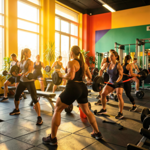 Femme en train de faire un exercice de musculation en salle de sport, tenue sport claire et sourire engageant
