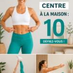 Femme pratiquant des exercices de renforcement abdominal à la maison, visage concentré.