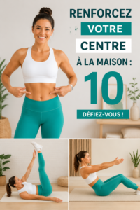 Femme pratiquant des exercices de renforcement abdominal à la maison, visage concentré.