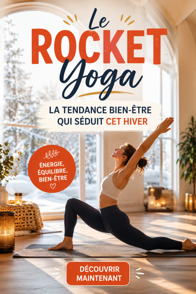 Femme pratiquant le Rocket Yoga dans un environnement serein, illustrant bien-être et relaxation.