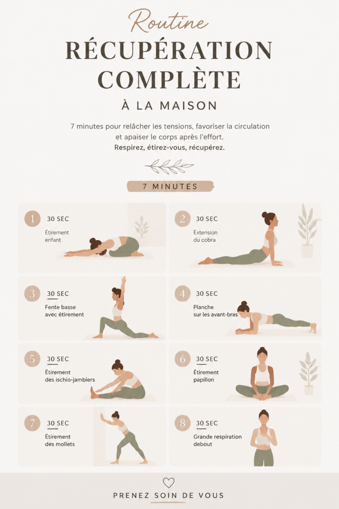 Femme pratiquant des exercices de détente dans son salon, ambiance apaisante.