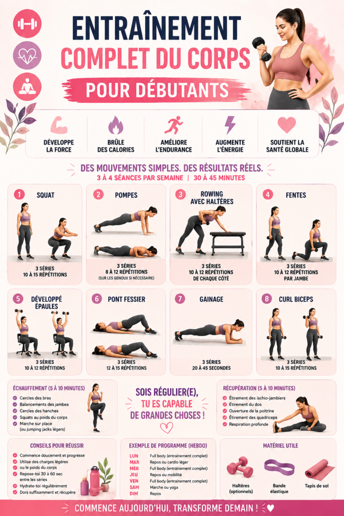 Une femme s'entraîne à la maison avec des exercices pour tout le corps.