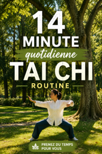 Femme pratiquant le Tai Chi dans un parc, illustrant la sérénité et la paix intérieure.