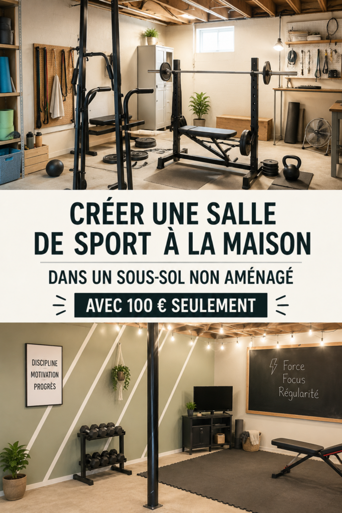 Salle de sport à domicile aménagée dans un sous-sol fonctionnel et accueillant.