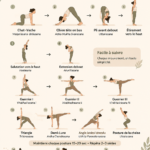 Femme pratiquant le yoga dans un salon lumineux, avec un tapis de yoga et des accessoires adaptés aux débutants.