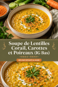 Soupe de lentilles corail avec carottes et poireaux dans un bol