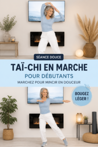 Femme pratiquant le Tai Chi en marchant dans un parc verdoyant.