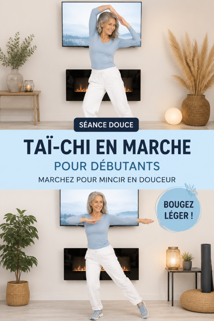Femme pratiquant le Tai Chi en marchant dans un parc verdoyant.